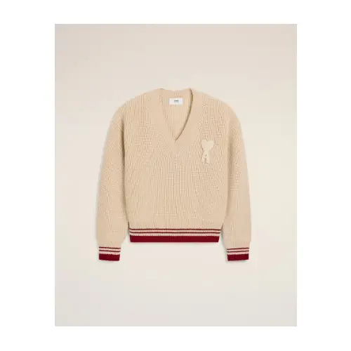 AMI Paris ベージュ ウールリブ Vネック セーター