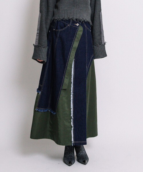 AULA AILA デニムコンビネーションタフタスカート