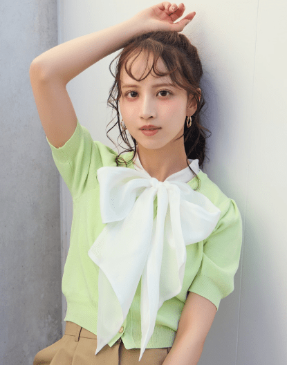 AND COUTURE 異素材リボン半袖ニットカーディガン