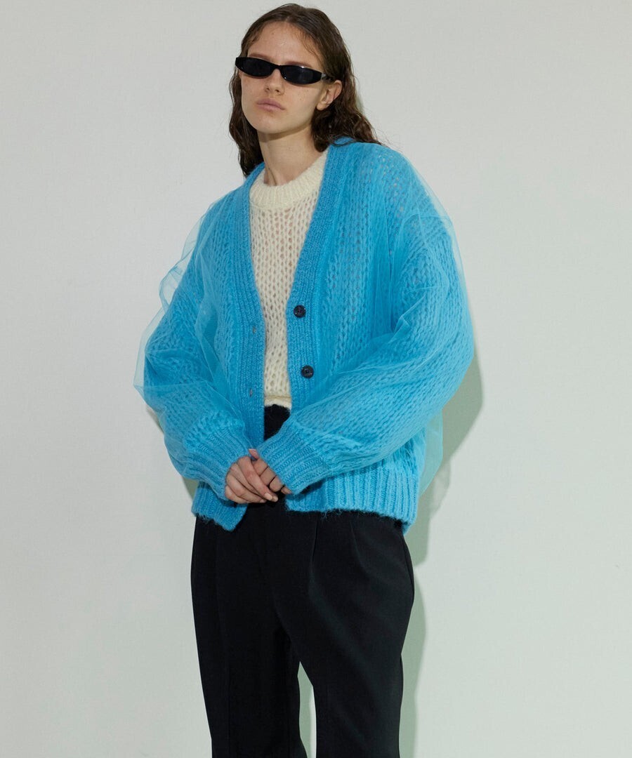 MAISON SPECIAL TULLE LAYERED LOW GAUGE REVERSIBLE KNIT CARDIGAN