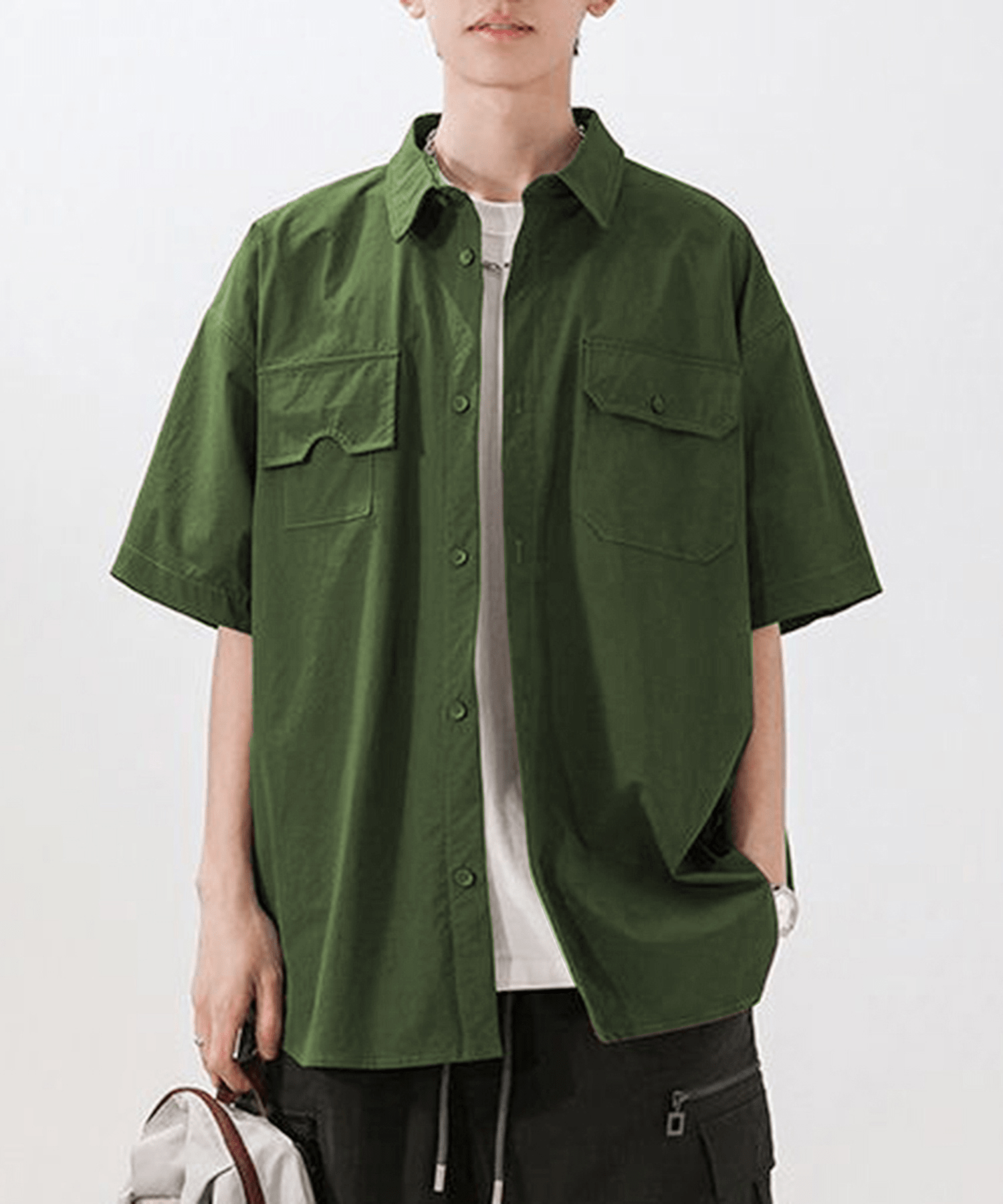 perky room 【Cloudstyle】オーバーサイズ CPO シャツ /ビッグシルエット ボタンダウンオックスフォードショートスリーブシャツ/ 2wayオープンカラーシャツ