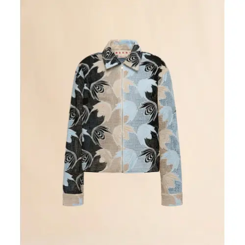 MARNI ブルー&ブラック ブロデリーアングレーズをあしらったフローラルシャツ