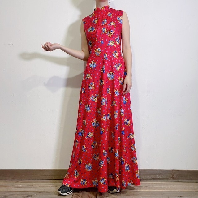 LEMON 70s red flower printed sleeveless long dress
