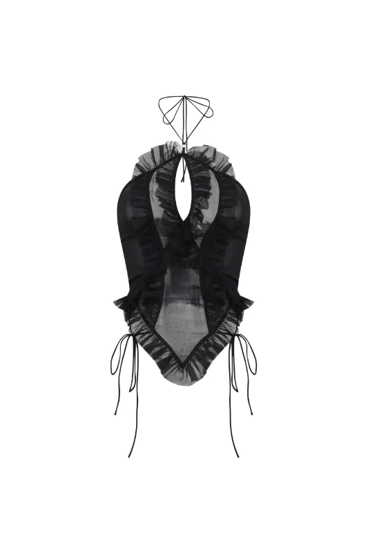 NO DRESS Nodress Black Ruffled Chiffon Camisole（Brooch Not Included）