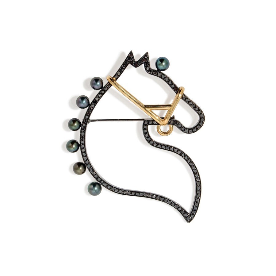 MARLENA Cheval シュヴァルブローチ　あこや黒真珠4.5-5.0mm Silver