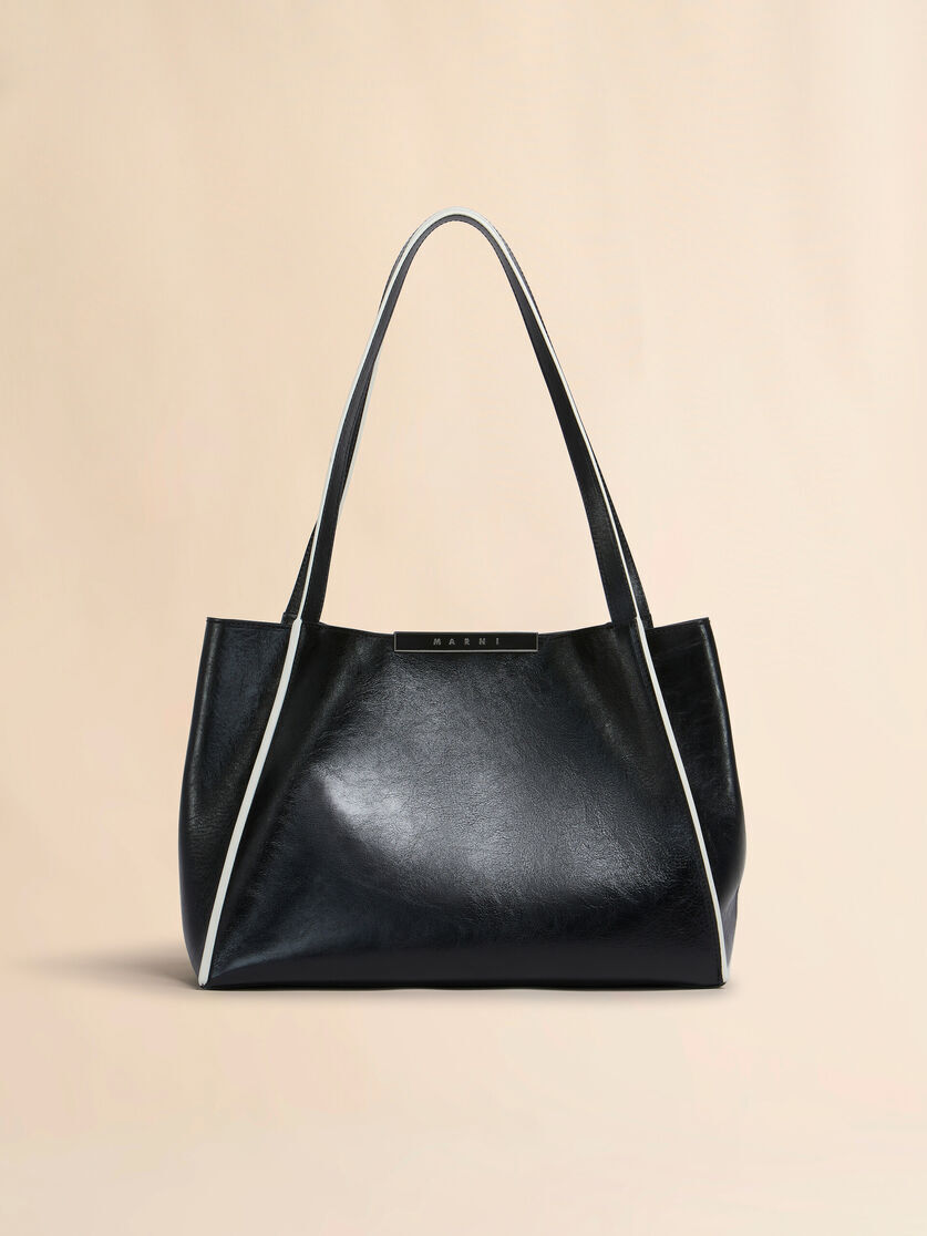 MARNI ブラック レザー製 Cresta E/W スモールトートバッグ