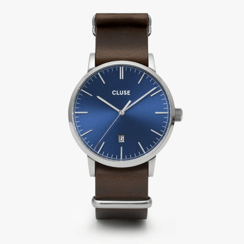 CLUSE アラヴィス NATO レザー シルバー ダークブルー / ダークブラウン　CLUSE/クルース/時計