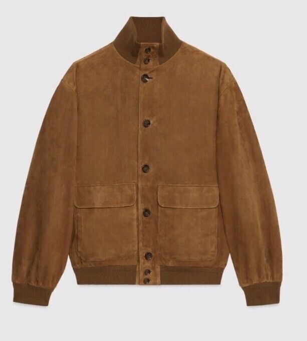 GUCCI Suede Brawn Bomber Jacket With Lettering