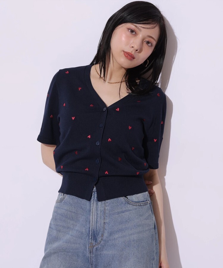 Mystrada 半袖ハート刺繍カーデ