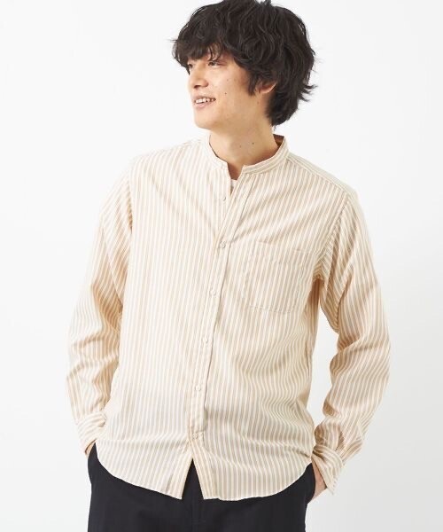 UNITED ARROWS green label relaxing オックスフォード ストライプ2 バンドカラー シャツ