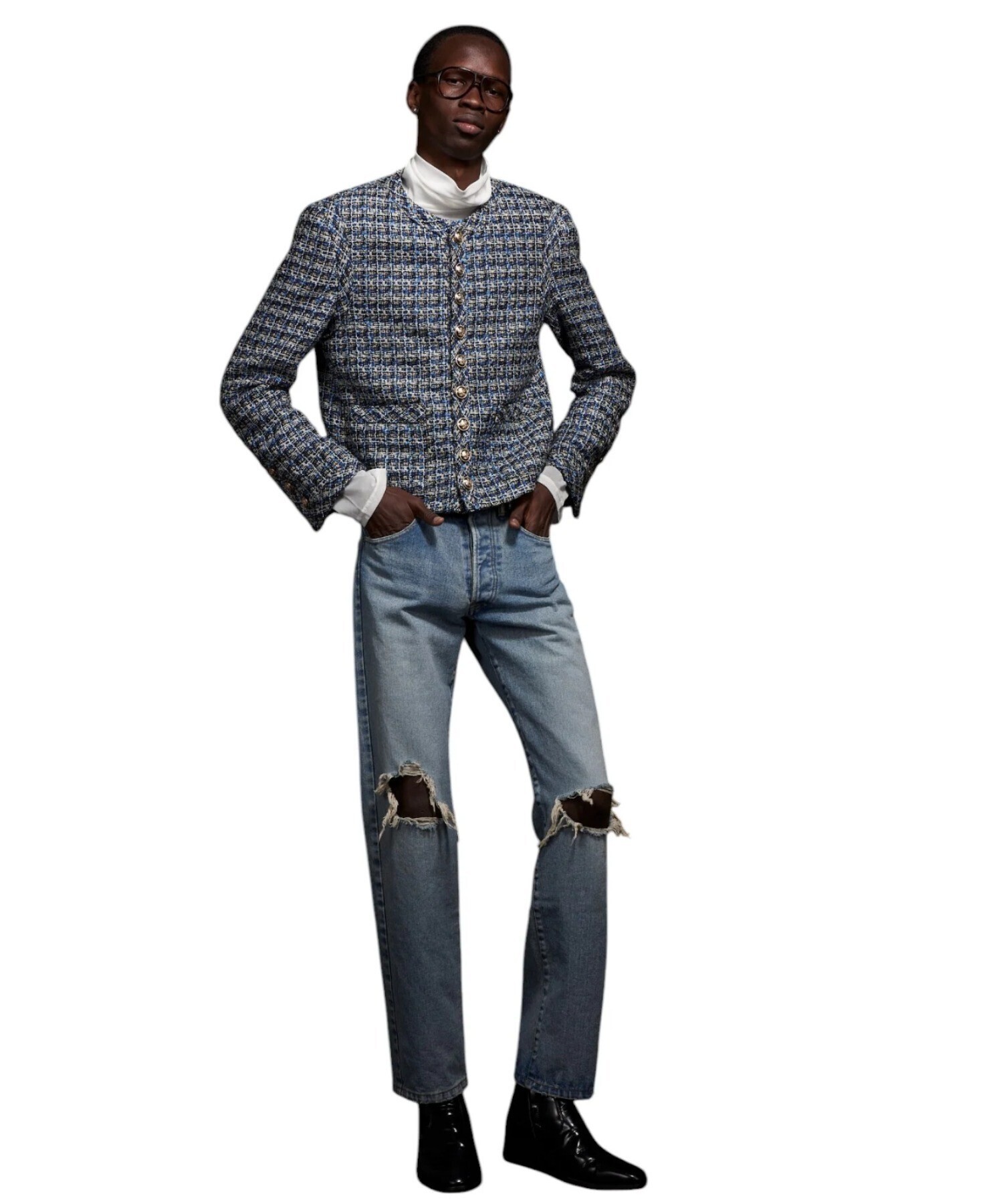 GalaabenD Tweed No Collar Cropped Militaly Jacket