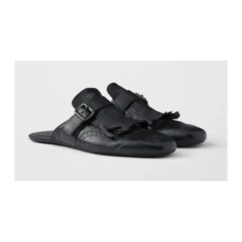 PRADA Black Shuffle Fringed Monk Strap Leather Mules