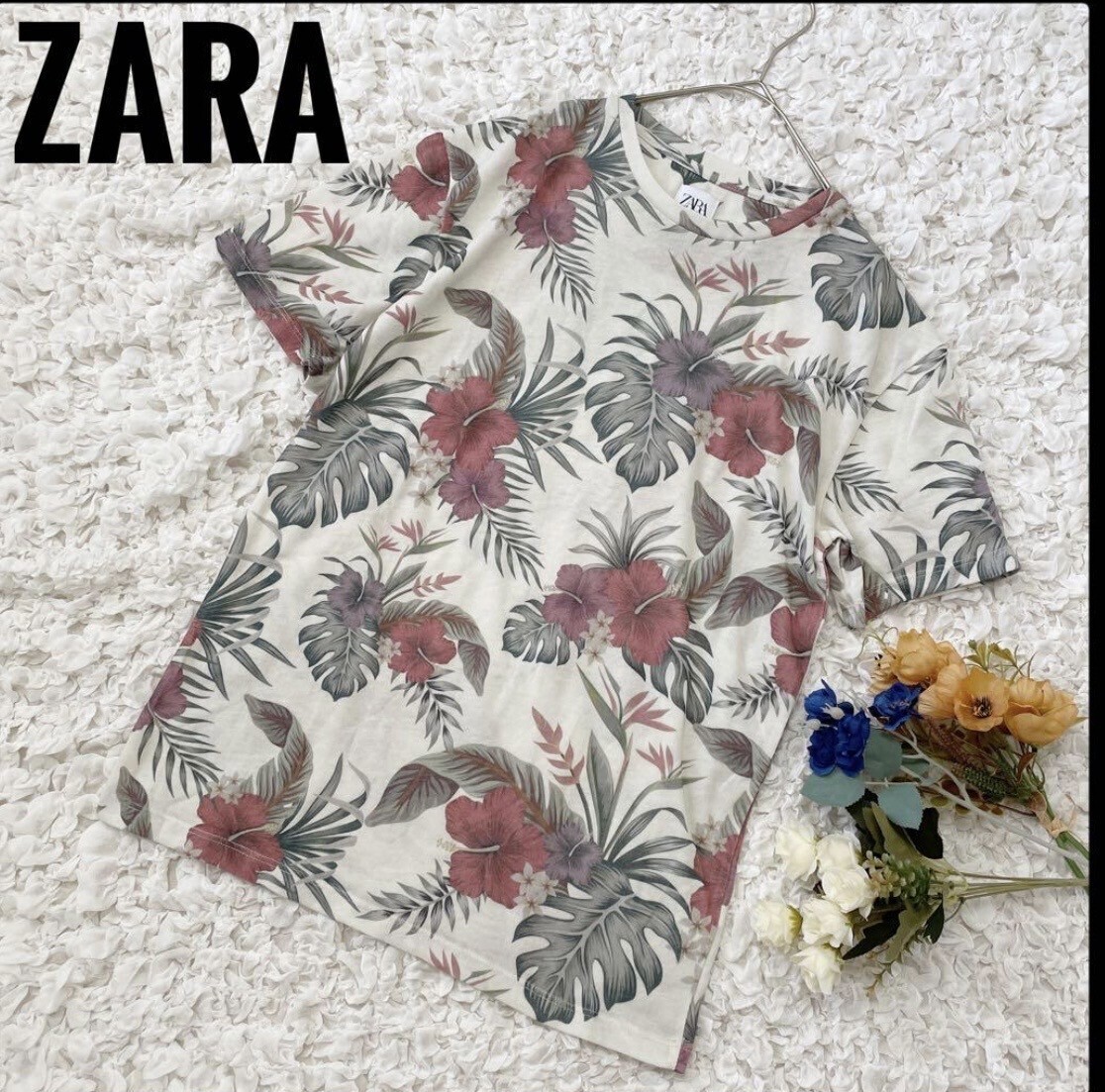 ZARA ZARA ハイビスカス柄 半袖Tシャツ