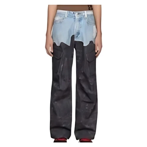 Andersson Bell FAUX-DENIM & SCRATCH LEATHER PRINTED CARGO-PANTS