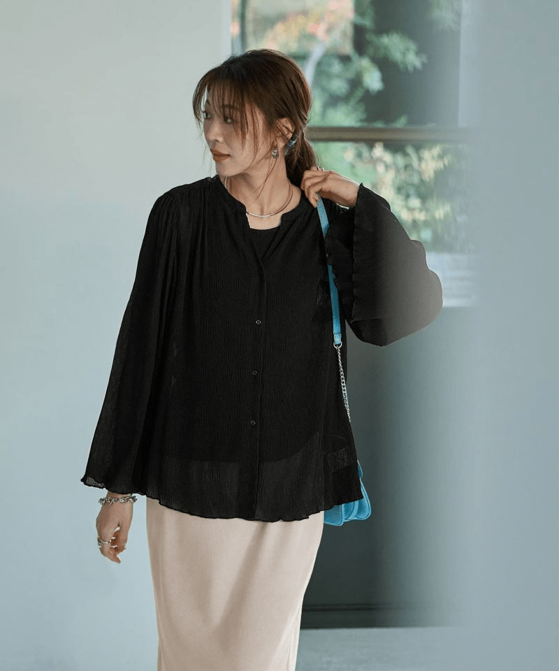 STYLE DELI シャーリングシフォン楊柳風ブラウス