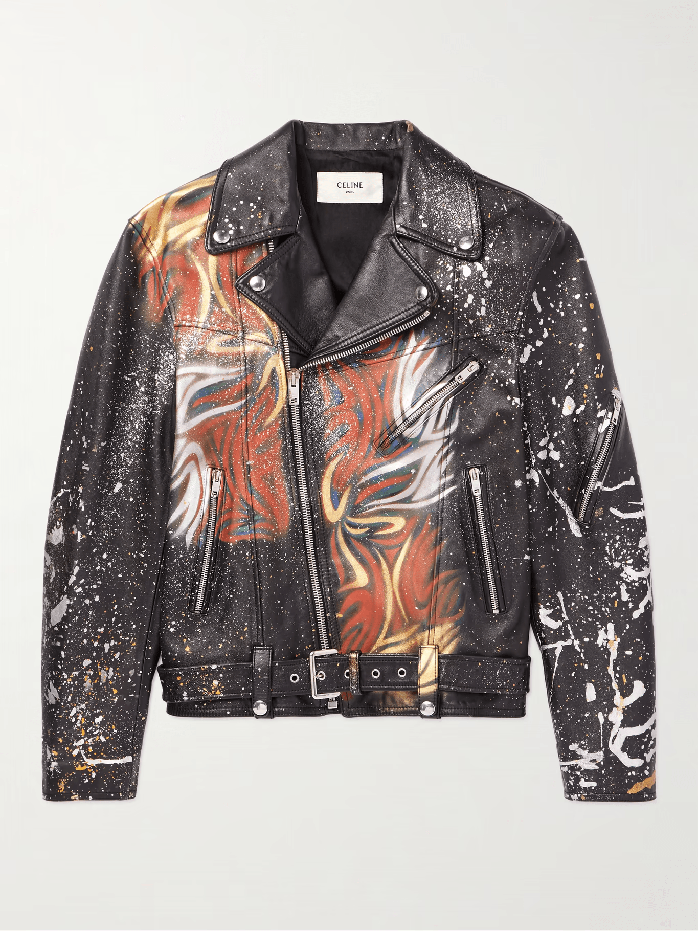 CELINE HOMME Slim Fit Paint Splattered Printed Leather Biker Jacket