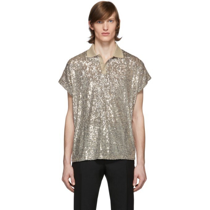 SAINT LAURENT Silver Sequin Boxy Polo