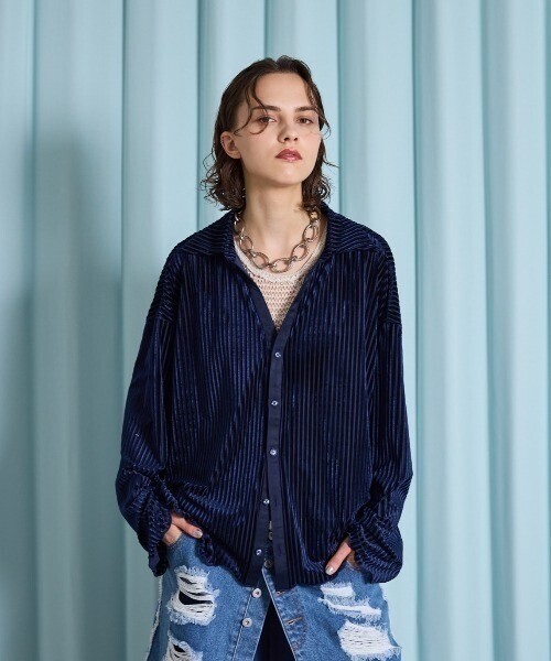 seyto Velour striped shear shirt