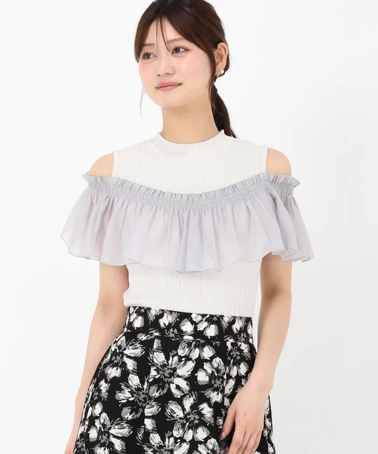 MISCHMASCH 肩開きラッフルアイレットリブニット