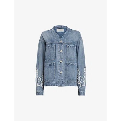 ALLSAINTS WOMENS MID INDIGO TERRI EMBROIDERED DENIM JACKET