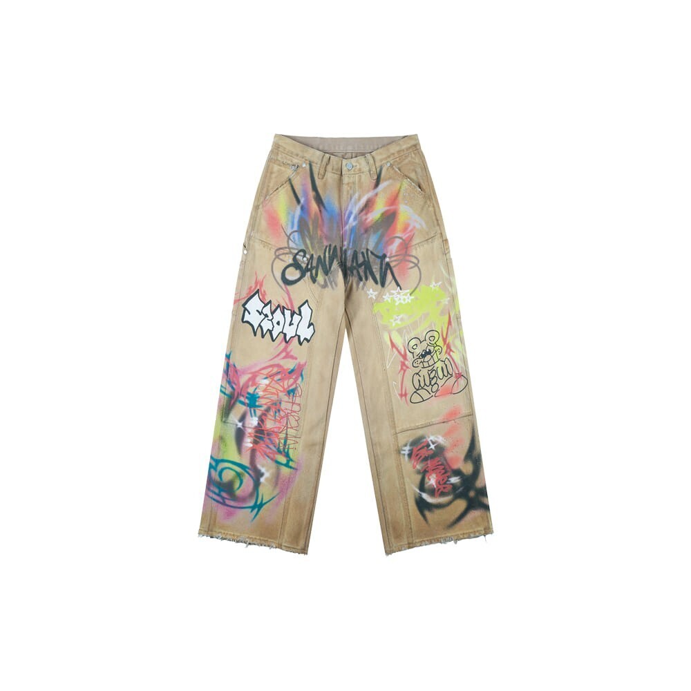 SANKUANZ SEOUL GRAFFITI DOUBLE KNEE DENIM PANTS CAMEL