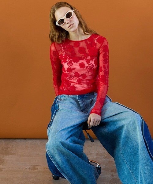 MAISON SPECIAL Flower Embroidery Sheer Tops