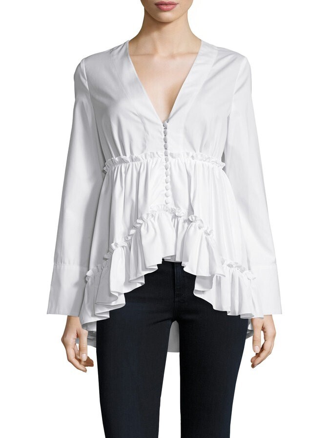 BALENCIAGA Cotton Gathered Trim High Low Blouse