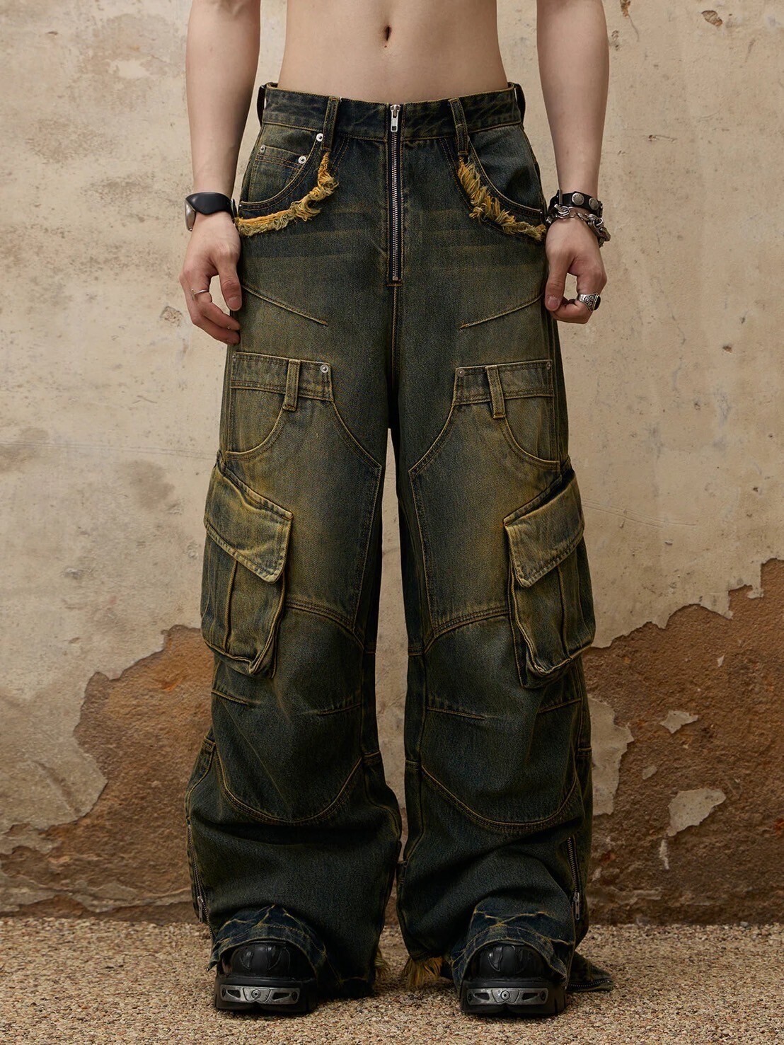 PERSONSOUL Fade Wash Overall Denim Jeans