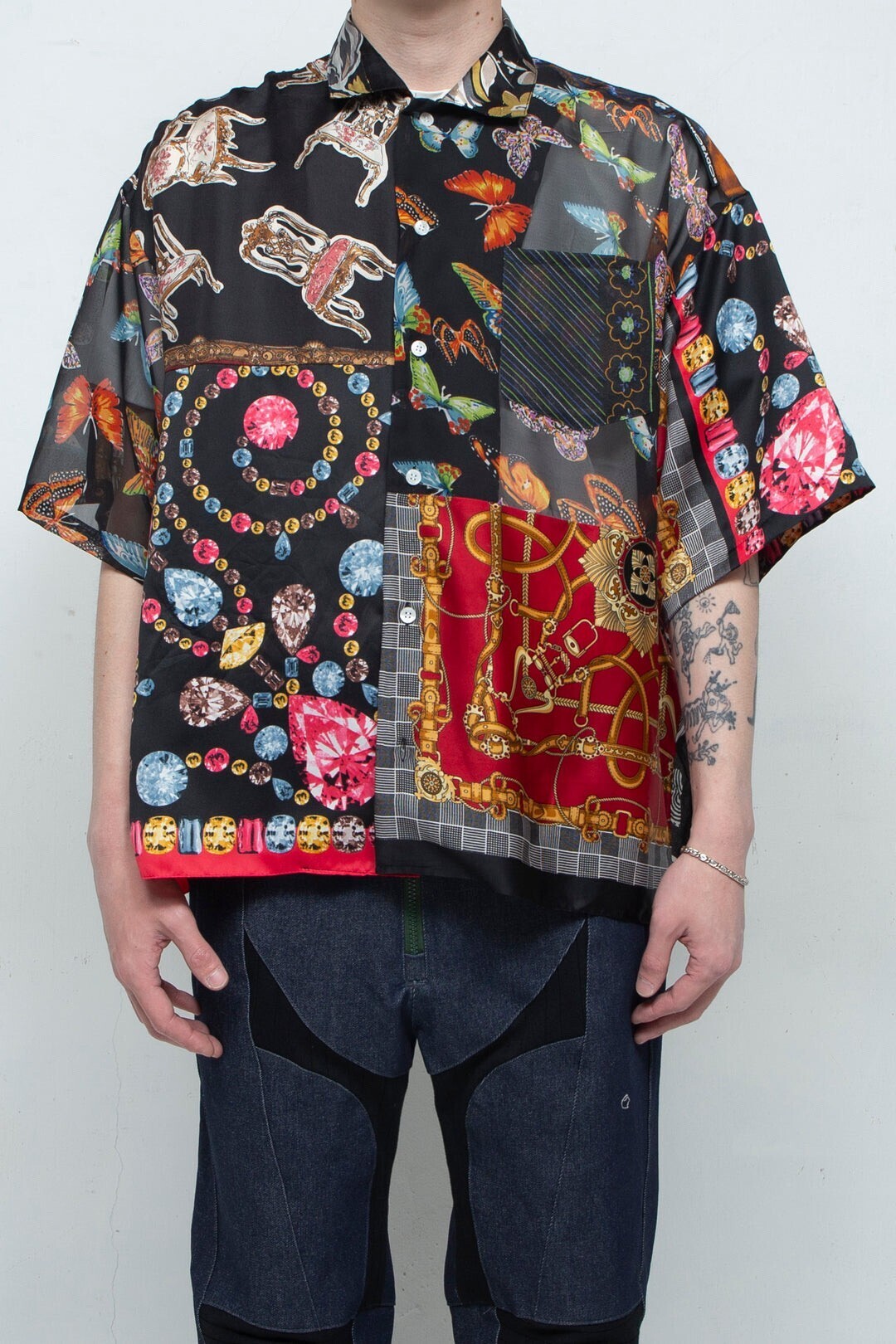 BODYSONG. VINTAGE SCARF REMODELED INTO A SHIRT MIX BLACK