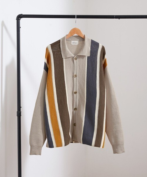 EMMA CLOTHES ランダムストライプルーズポロニットカーディガン