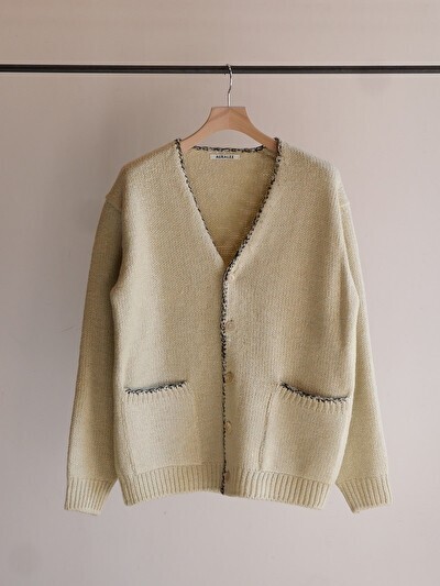 AURALEE SILK WOOL CAMEL MIX KNIT CARDIGAN