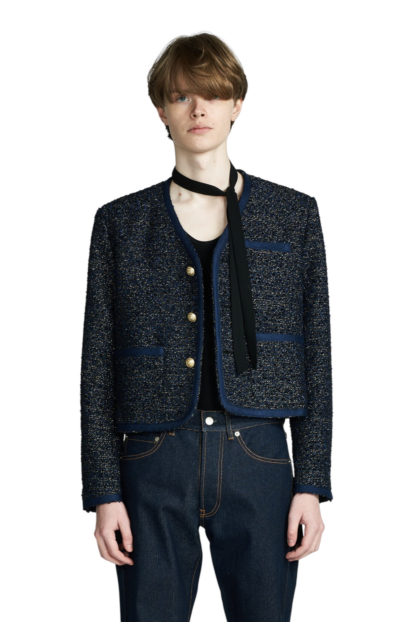 GALAABEND Tweed V-Neck Cropped Jacket NAVY