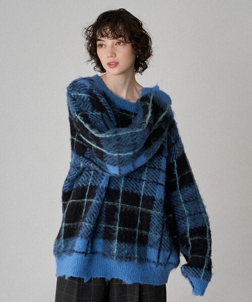 ONCILY CHECK PATTERN SHAGGY VOLUME KNIT