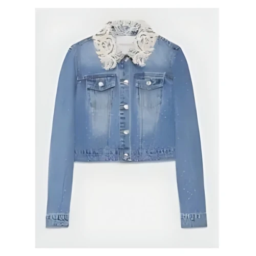 ERMANNO FIRENZE DENIM JACKET WITH RHINESTONES AND LACE ON THE COLLAR