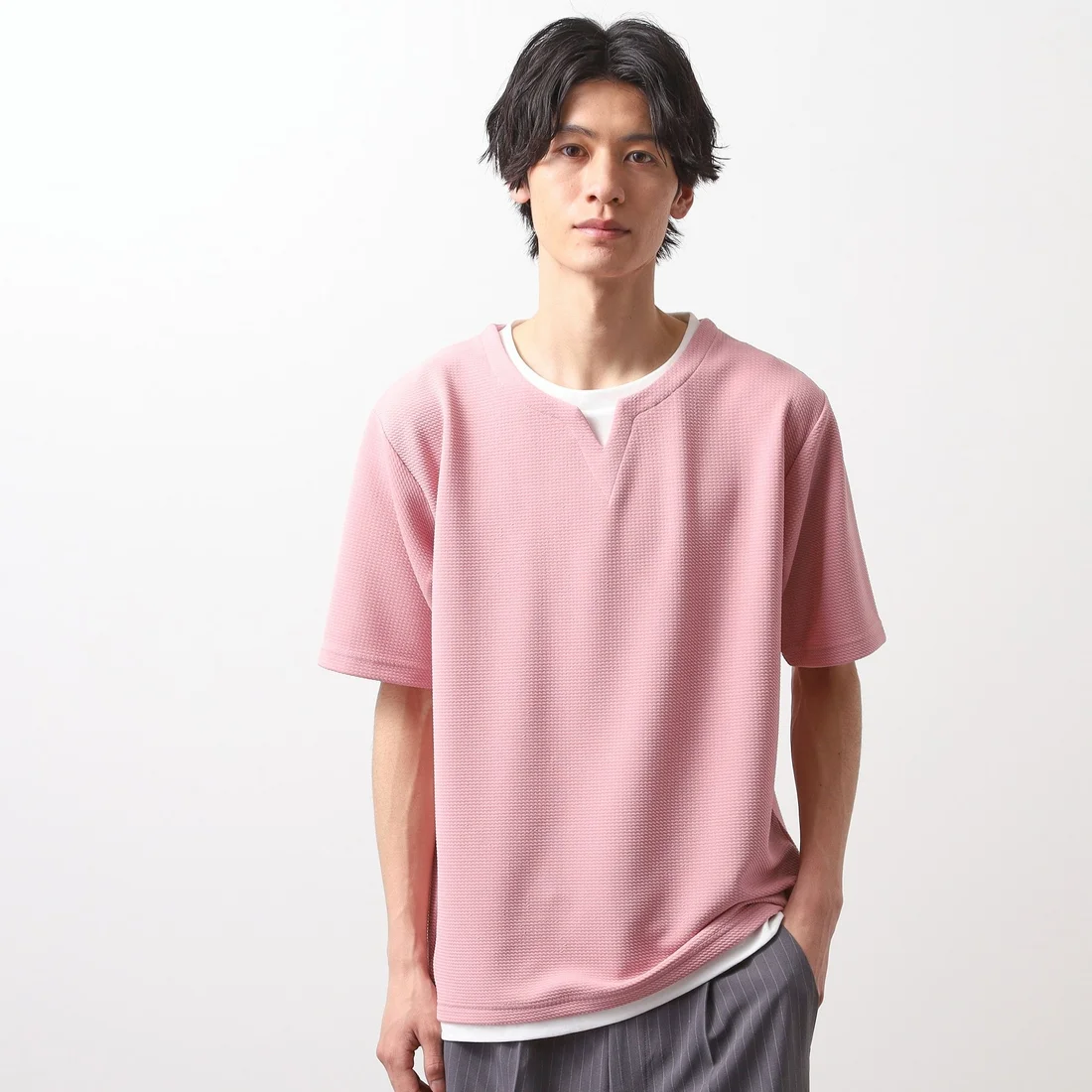 THE SHOP TK ミニフクレキーネック半袖Tシャツ
