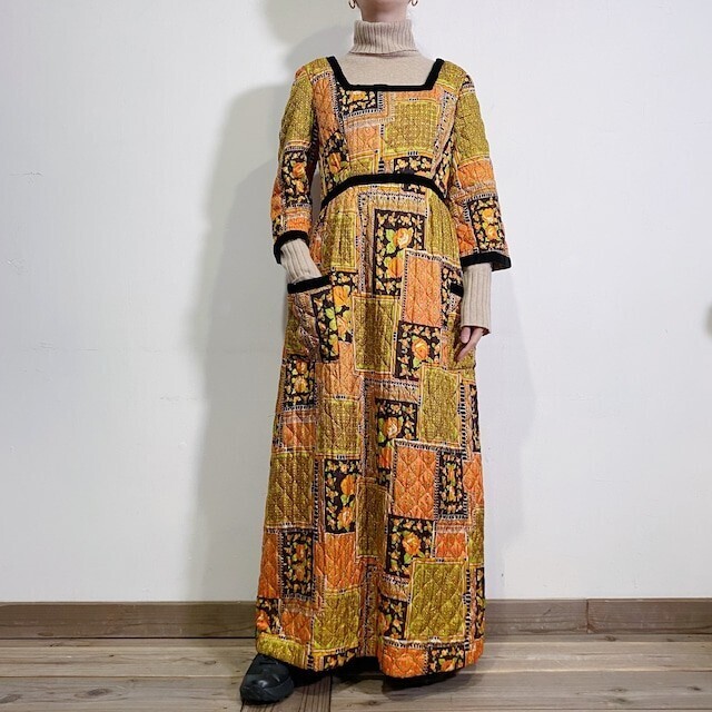 LEMON 70s yellow and orange quilting printed printed long dress