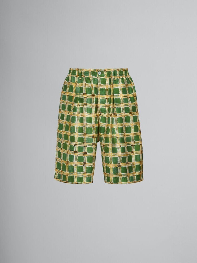 MARNI GREEN SILK TWILL SHORTS WITH CHECK FIELDS PRINT