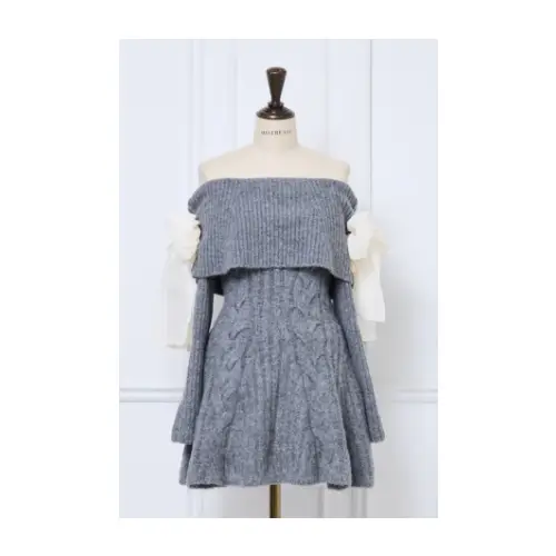 MISTREASS Ribbon Off-Shoulder Cable Knit Dress