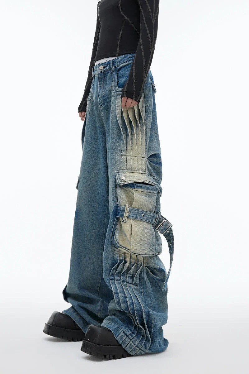 ARGUE CULTURE Washed Pleated Multi-Pocket Cargo Jeans