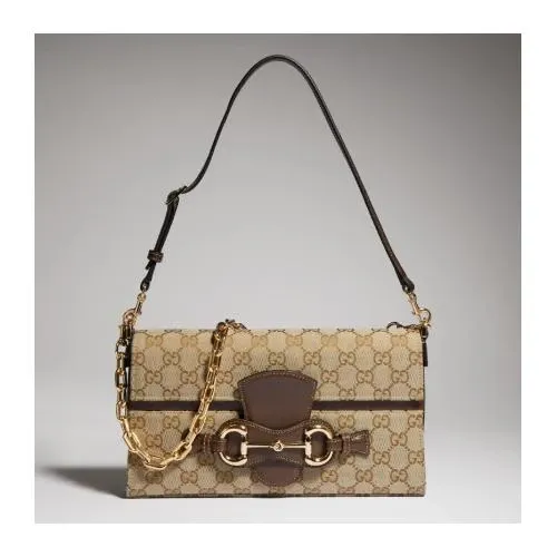 GUCCI ホースビット付き チェーン ウォレット ・サンド＆ブラウン GGキャンバス