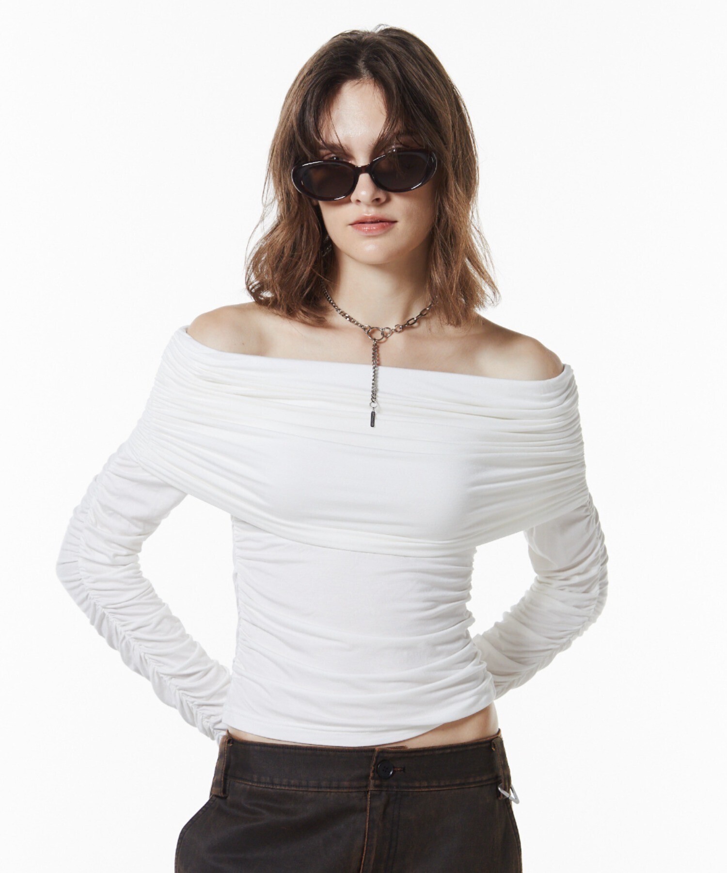 JOSE MOON GATHER OFFSHOULDER LONG TOPS/ギャザーオフショルダーロングトップス