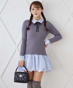 tocco リボン付きケーブルニットドッキングシャツワンピース