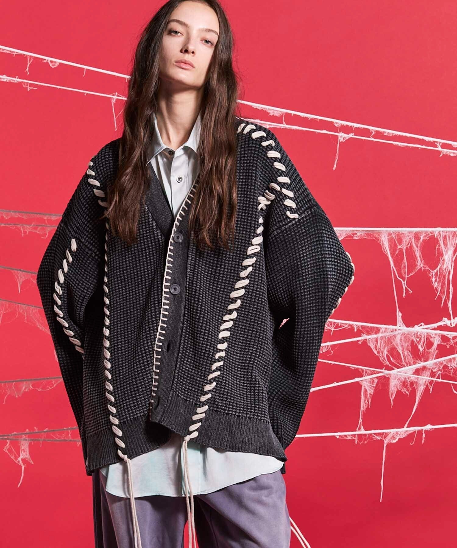 MAISON SPECIAL 《UNISEX》鬼ワッフルケミカルオーバーダイプライムオーバーVネックニットカーディガン