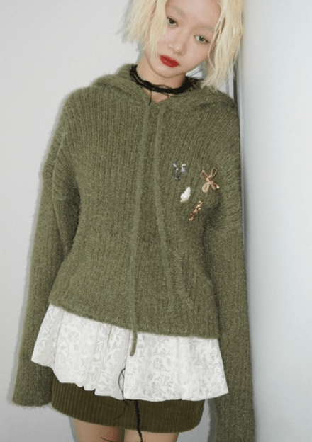 musubore feather yarn knit hoodie