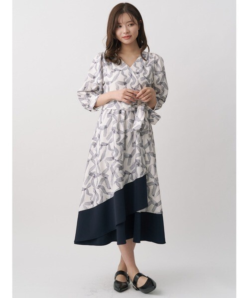 TONAL ラインリボンカシュクールフレアワンピース