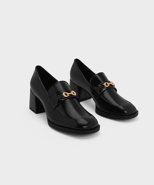CHARLES & KEITH メタリックアクセント ブロックヒールローファーパンプス