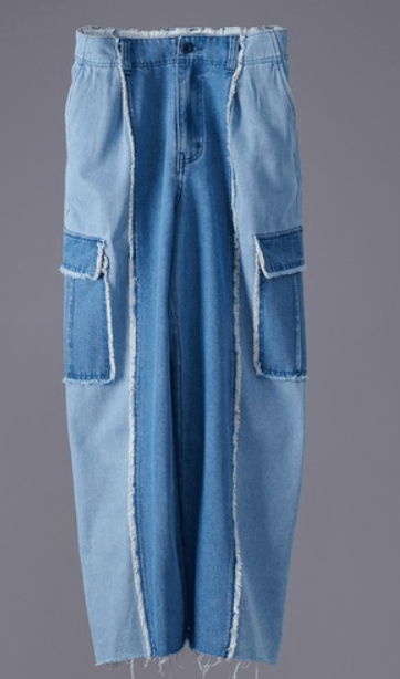 ONCILY FRINGE BICOLOR DENIM CARGO PANTS