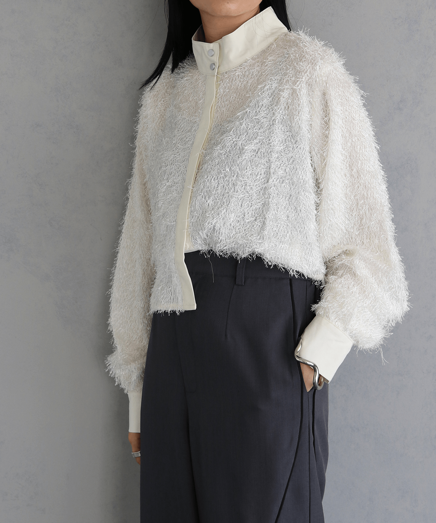 &g’aime FRINGE JACQUARD CROPPED SHIRT/293-65208