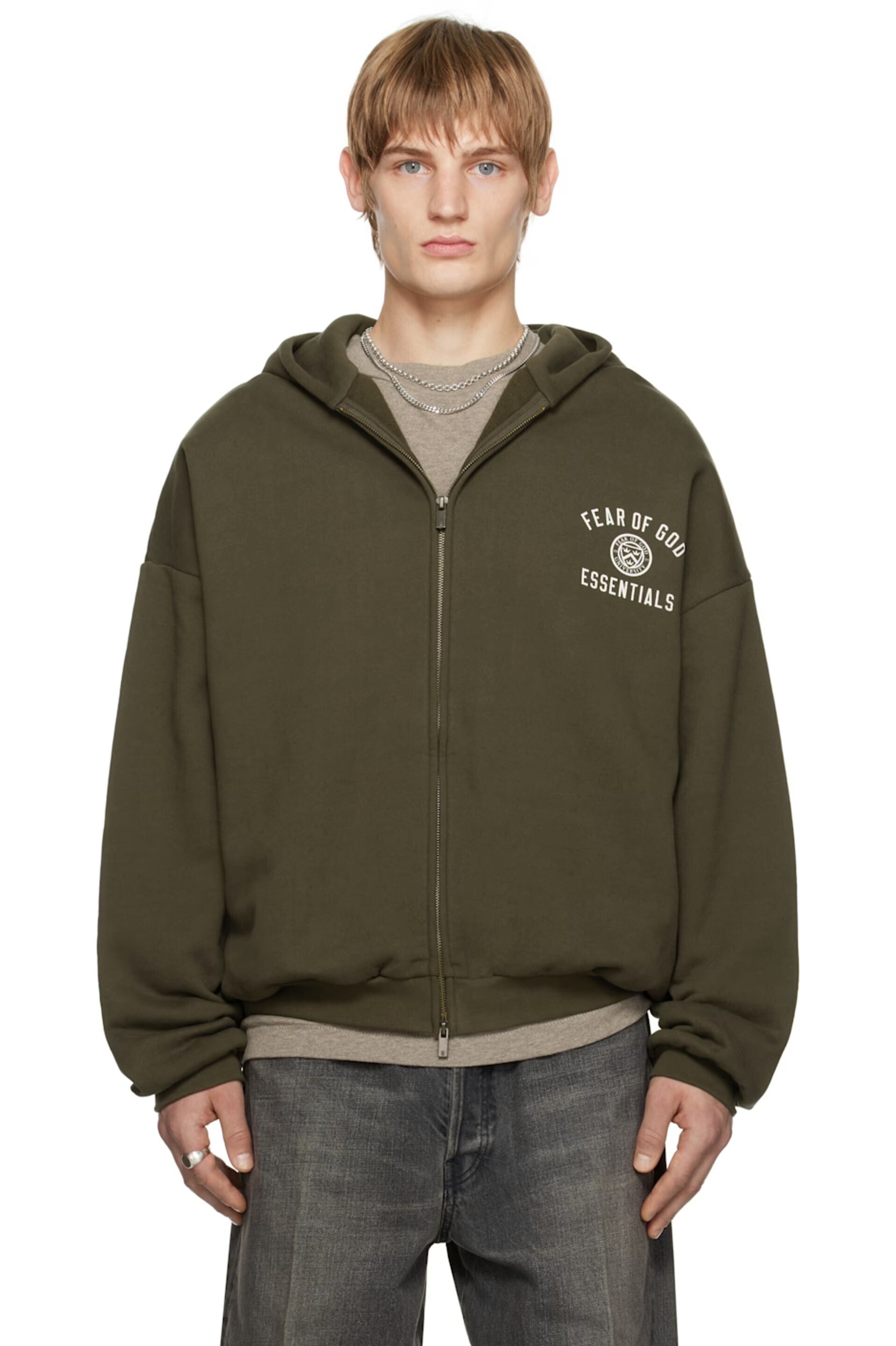 FEAR OF GOD ESSENTIALS ブラウン ヘビーフリース フルジップ フー