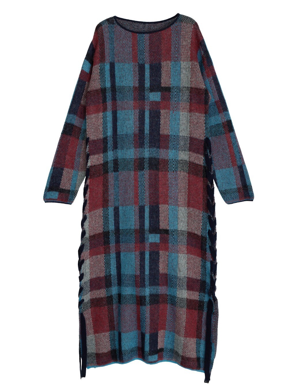 AMERI BIG CHECK LACE UP KNIT DRESS